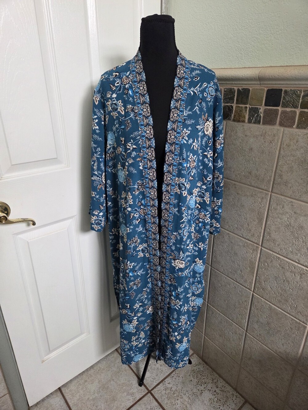 J. Jill Teal Floral Longline Kimono Bohemian Resortwear Summer Vacay Beach O/S